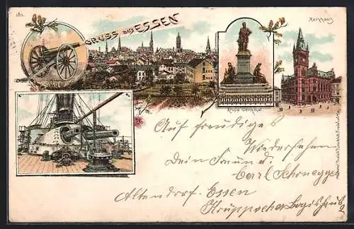 Lithographie Essen, Ortsansicht aus der Vogelschau, Kanonen auf Schiffsdeck, Rathhaus