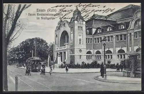 AK Essen / Ruhr, neues Restaurationsgebäude im Stadtgarten, Strassenbahn