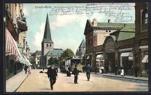 AK Essen a. Ruhr, Bugstrasse mit Museum, Kirche und Strassenbahn