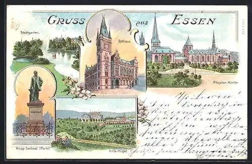 Lithographie Essen, Krupp-Denkmal, Villa Hügel, Rathaus, Münster-Kirche