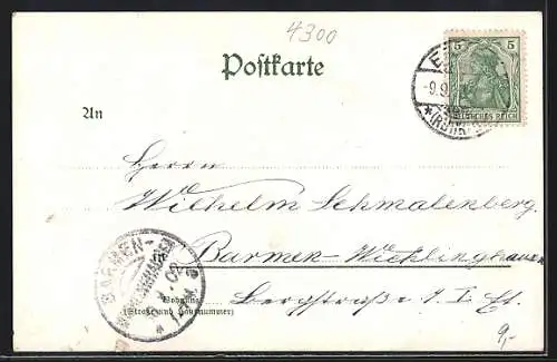 Lithographie Essen, Krupp-Denkmal, Villa Hügel, Rathaus, Münster-Kirche