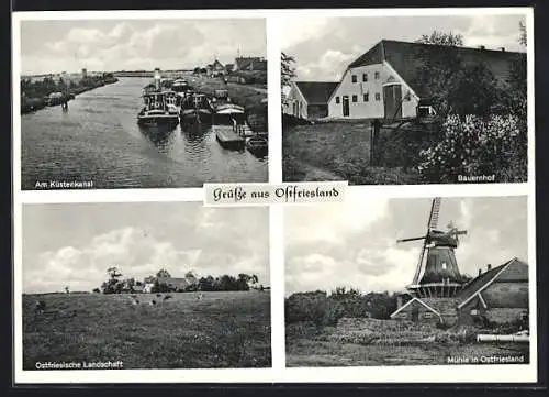 AK Leer / Ostfriesland, Teilansicht Küstenkanal, Bauernhof, Ostfriesische Landschaft, Windmühle