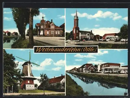 AK Westrhauderfehn /Ostfr., Volksbank, Windmühle, Kirche