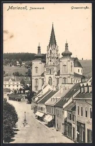 AK Mariazell, Grazerstrasse aus der Vogelschau