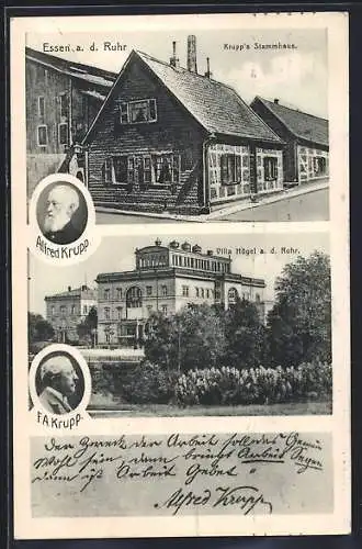 AK Essen, Krupp`s Stammhaus, Villa Hügel, Porträt Alfred Krupp & F. A. Krupp