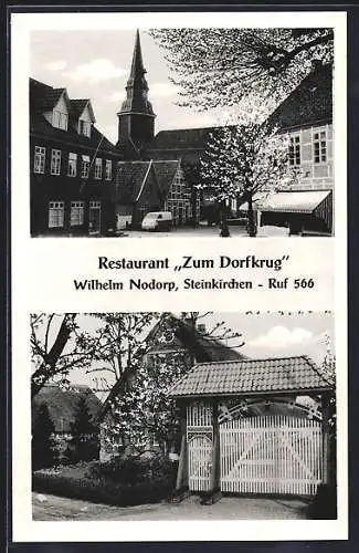 AK Steinkirchen / Lühe, Partie am Restaurant Zum Dorfkrug, Kirchpartie