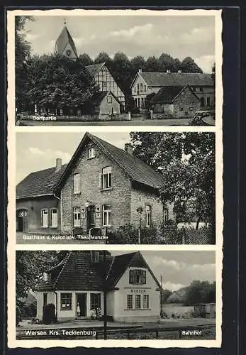 AK Wersen, Gasthaus & Kolonialw. Thea Manzke, Dorfpartie, Bahnhof