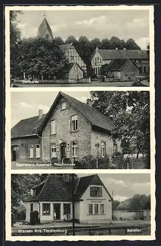 AK Wersen, Gasthaus & Kolonialw. Thea Manzke, Dorfpartie, Bahnhof