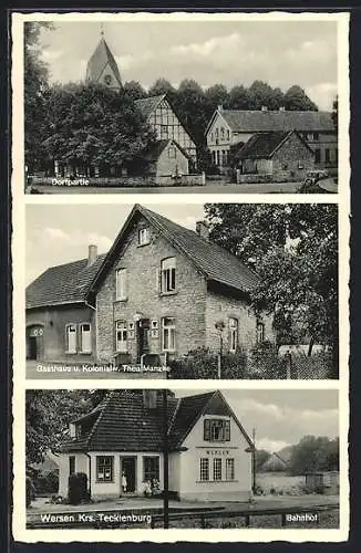 AK Wersen, Gasthaus & Kolonialw. Thea Manzke, Dorfpartie, Bahnhof