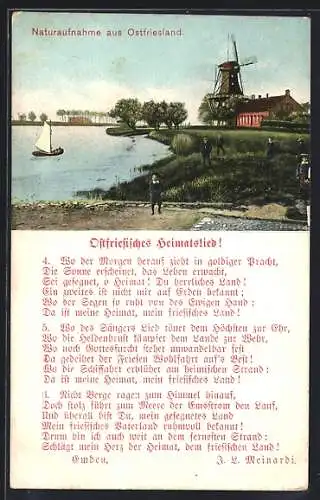 AK Ostfriesisches Heimatslied (Text), Partie mit Windmühle in Ostfriesland