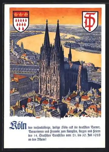 AK Köln, Dom und Wappen, 14. Deutsches Turnfest 21. bis 30. Juli 1928