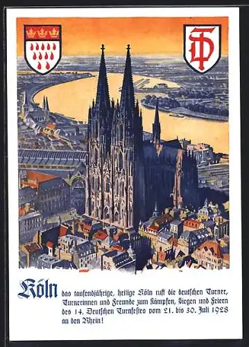 AK Köln, Dom und Wappen, 14. Deutsches Turnfest 21. bis 30. Juli 1928