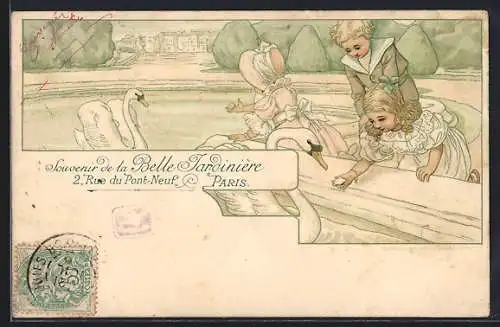 Lithographie Paris, Belle Jardinière, 2 Rue du Pont-Neuf, Kinder füttern Schwäne, Jugendstil