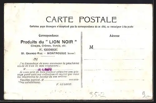 AK Montrouge /Seine, Produits du Lion Noir, F. George, 91 Grand-Rue, Nouveau type des voitures
