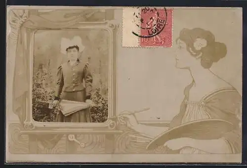 Foto-AK Dame mit Regenschirm im Jugendstil-Passepartout mit Künstlerin an der Leinwand