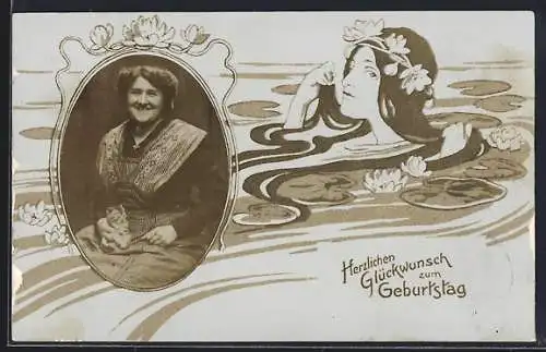 Foto-AK Lachende Dame mit Kätzchen im Jugendstil-Passepartout mit Nixe