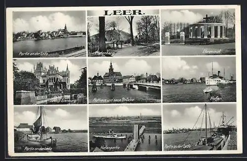 AK Leer / Ostfriesland, Partie an der Leda, Hafenpartie, Rathaus und neue Brücke