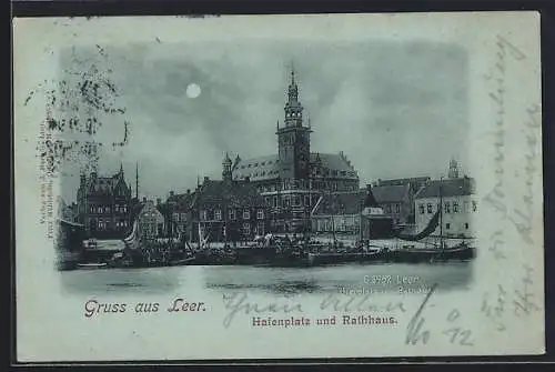 Mondschein-AK Leer / Ostfriesland, Hafenplatz und Rathaus