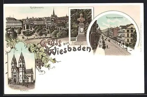 Lithographie Wiesbaden, Kochbrunnen, Taunusstrasse & Maria Hilf Kirche