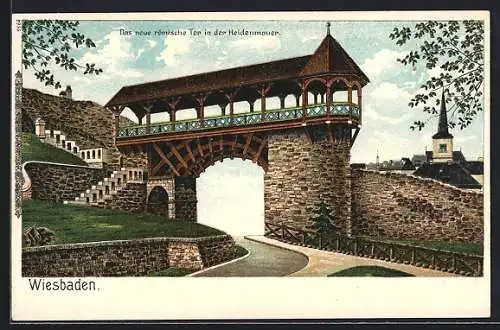 Lithographie Wiesbaden, Das neue römische Tor in der Heidenmauer