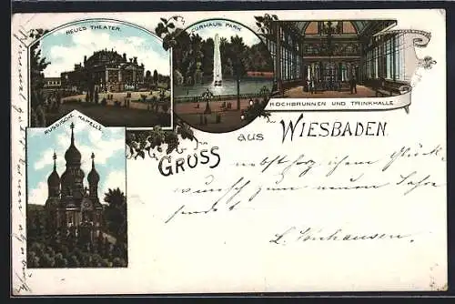 Lithographie Wiesbaden, Russische Kapelle, Kochbrunnen und Trinkhalle, Kurhaus-Park und Neues Theater