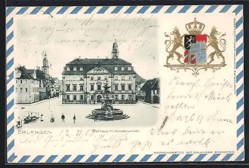 AK Erlangen, Rathaus mit Kunstbrunnen, Wappen