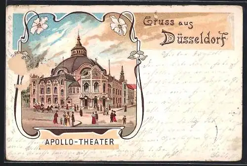 Lithographie Düsseldorf, Apollo-Theater mit Passanten