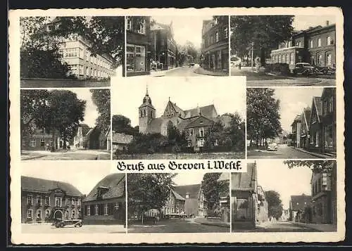 AK Greven i. Westf., Restaurant, Amt Greven, Strassenpartien und Kirche