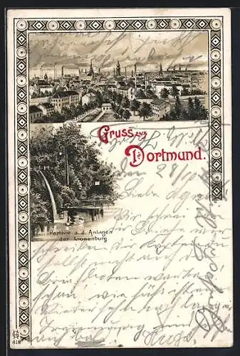 Lithographie Dortmund, Partie an den Anlagen der Kronenburg, Totalansicht