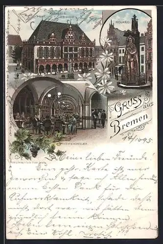 Vorläufer-Lithographie Bremen, 1895, Restaurant Ratsweinkeller, Rathaus und Roland-Denkmal