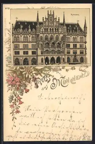 Lithographie München-Au, Rathaus im Blumen-Passepartout