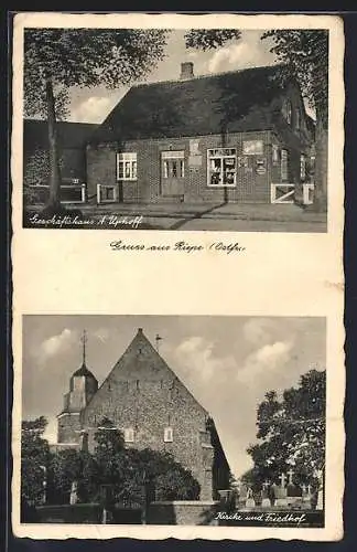 AK Riepe /Ostfr., Geschäft von A. Uphoff, Kirche und Friedhof