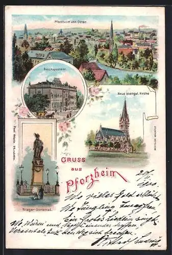 Lithographie Pforzheim, Ortsansicht von Osten, Ev. Kirche, Reichspostamt