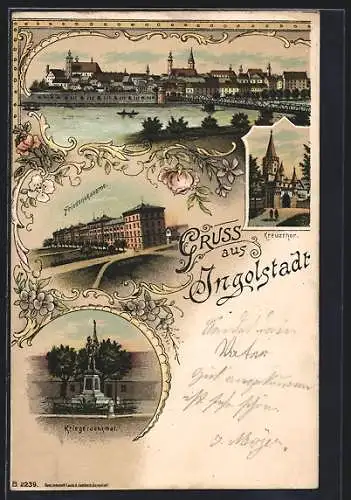 Lithographie Ingolstadt, Friedenskaserne, Kreuzthor, Kriegerdenkmal