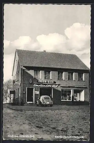 AK Dörpen-Ems, Gasthaus Emsländerhof-Ellerbrock mit VW Käfer