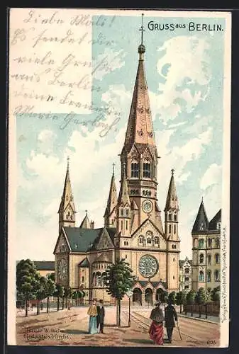 Lithographie Berlin-Charlottenburg, Kaiser Wilhelm Gedächtnis-Kirche mit Passanten