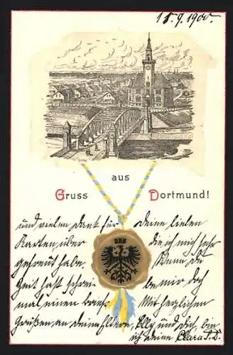 Präge-Lithographie Dortmund, Teilansicht mit Brücke, Passepartout mit Siegel und Wappen