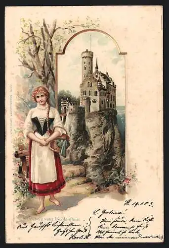 Passepartout-Lithographie Lichtenstein, Burg, junges Fräulein trägt Korsett über dem Kleid