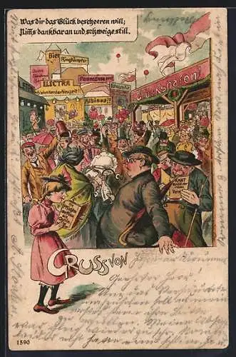 Lithographie Volksfest, Buntes Treiben auf dem Festplatz