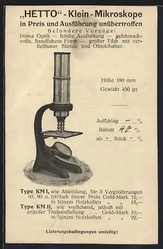 AK Leipzig-Lindenau, Präzisionsmechanik Willy Hettig, Kanzlerstrasse 29 B, Reklame für Hetto Klein-Mikroskope