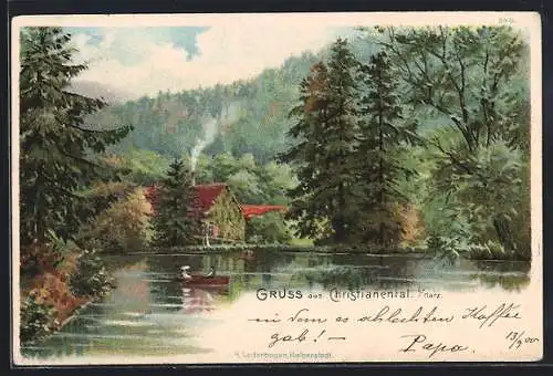 Lithographie Christianental i. Harz, Partie mit Weiher