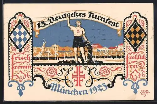 Künstler-AK Siegmund von Suchodolski: München, 13. Deutsches Turnfest 1923, Turner mit Kranz