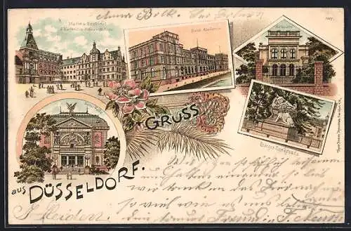 Lithographie Düsseldorf, Markt und Denkmal d. Kurfürsten Johann Wilhelm, Kunst-Akademie