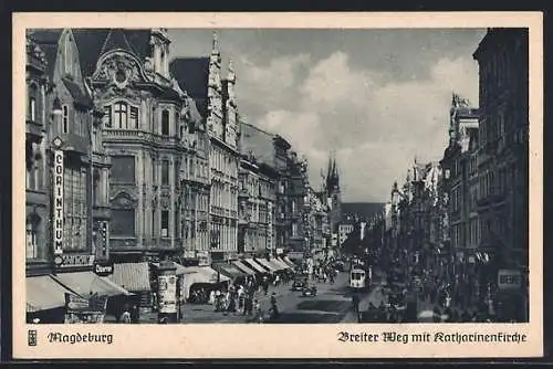 AK Magdeburg, Breiter Weg mit Katharinenkirche, Häuser- und Geschäftsfassaden