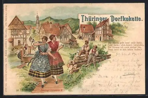 Lithographie thüringer Dorfkokette, zwei Frauen in thüringischer Tracht