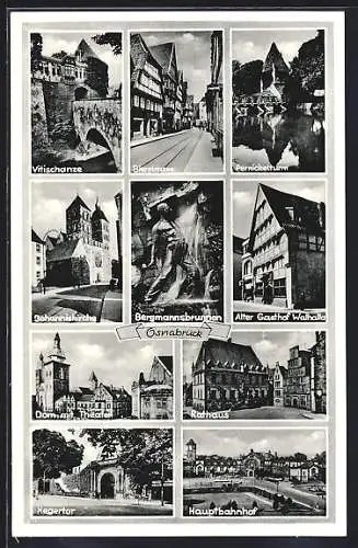 AK Osnabrück, Bierstrasse, Alter Gasthof Walhalla, Bergmannsbrunnen, Johanniskirche, Dom mit Theater, Rathaus, Hegertor