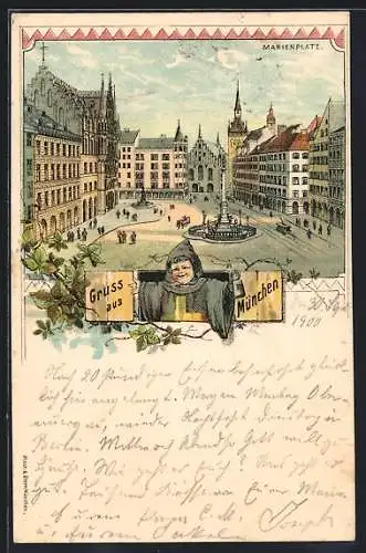 Lithographie München, Marienplatz, Münchner Kindl