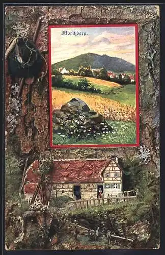 Passepartout-Lithographie Röthenbach / Pegnitz, Totalansicht mit Moritzberg, Haus vor einer Felswand