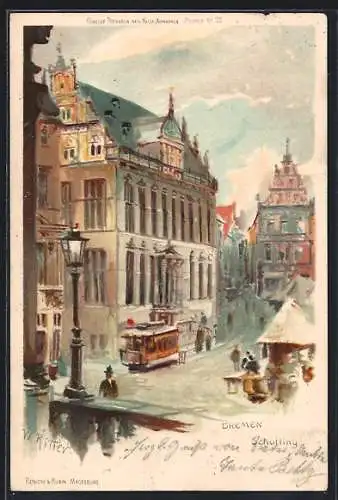 Künstler-Lithographie Bremen, Strassenbahn vor dem Schütting