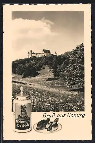 AK Coburg, Blick zur Veste und Bierkrug Coburger Hofbräu